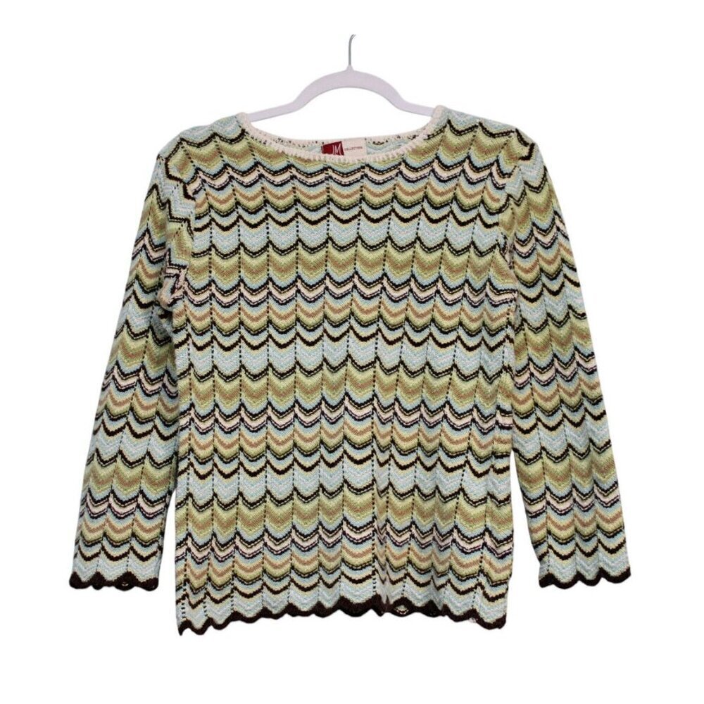 Vintage Y2K Blouse Sweater Medium Multicolor Knit Scalloped Hem Retro 70s Boho